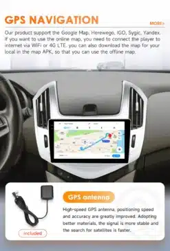 Autoraadio Chevrolet Cruze armatuurlaual koos GPS navigatsiooniga. Ekraanil on kaardirakendus, millel on näidatud marsruut. Helitugevuse nupud on hõlpsasti juurdepääsetavad, pakkudes sujuvat kasutuskogemust.