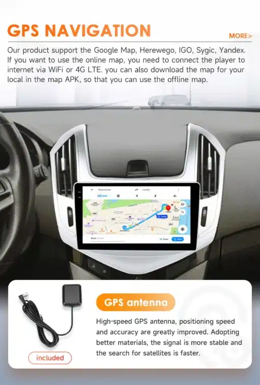Autoraadio Chevrolet Cruze'ile, millel on ekraanil GPS-kaardirakendus, asub auto armatuurlaual. Raadio toetab CarPlay, GPS, 4G ja WiFi-ühendust. Pildi allosas on kaasaegse kõrge kiirusega GPS-antenni pilt.
