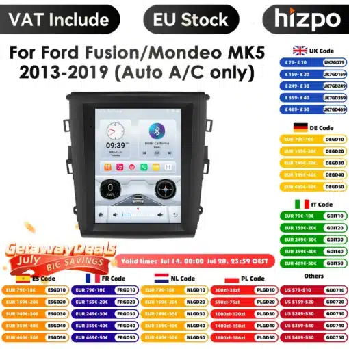 Must raamiga autoraadio CarPlay Android Ford Fusion / Mondeo 2013-2019 puutetundliku ekraaniga. Ekraanil kuvab mitmeid rakendusi ja navigatsioonijuhiseid. Toote ümber hindade ja koodidega värvilised kleebised.