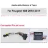 Juhtmepistikud ja kaablid sobivad Peugeot 408 mudelitele aastatel 2014-2019, halli taustal, selgelt näidatud erinevad värvilised juhtmed ja pistikud.