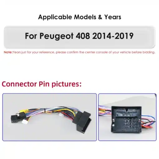 Juhtmepistikud ja kaablid sobivad Peugeot 408 mudelitele aastatel 2014-2019, halli taustal, selgelt näidatud erinevad värvilised juhtmed ja pistikud.