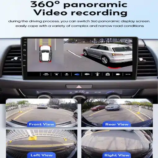 Autoraadio CarPlay Android Ford Fusion / Mondeo 2013-2019 kuvab 360-kraadist panoraamvaadet neljanurksel ekraanil, näidates erinevaid vaateid sõiduteel pargitud auto kõrval, koos võimekusega näidata kõiki suundi mitme kaamera kaudu.