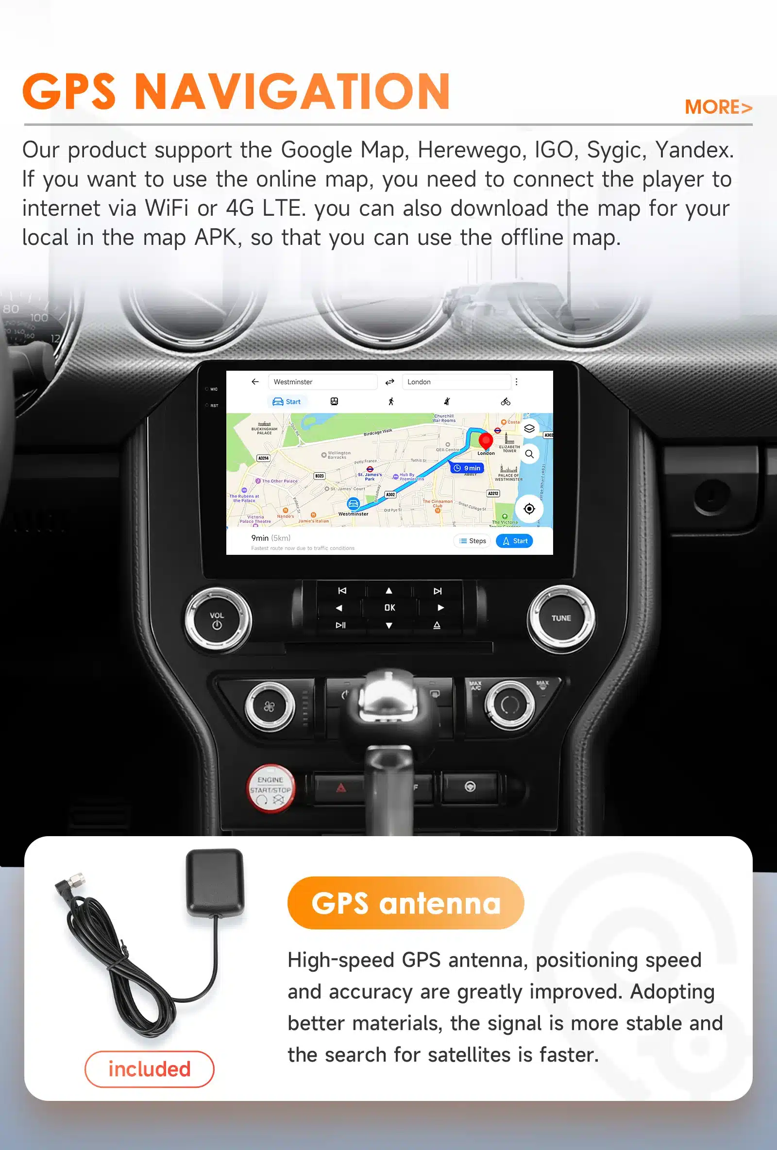 Auto navi ja stereo multimeedia Ford Mustangile, mille ekraanil on esitatud detailne navigatsioon kaart; musta armatuuri taust ja GPS antenni pilt.