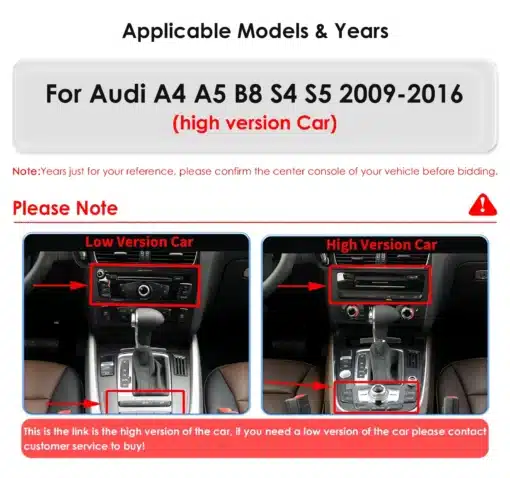 Autoraadio multimeedia Android Navi GPS Audi A4/A5/S4/S5 paigaldusjuhis kõrgele versioonile ja madalale versioonile, illustreerides keskseadme ja konsooli erinevusi.