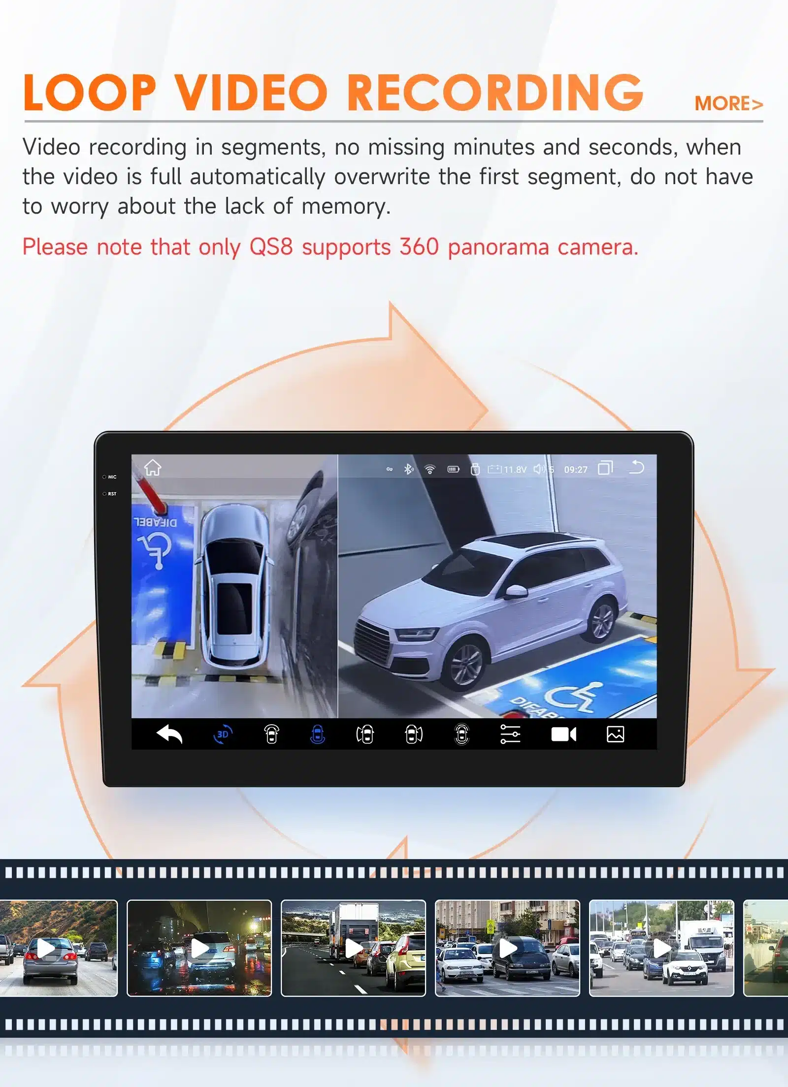 Ekraan kuvab multimeedia autoraadio silmust salvestavaid videoid, kahe auto, üks vaadatud ülalt ja üks vaadatud küljelt, kõrge eraldusvõimega. Taustal on hõbedane ja oranž gradient, rõhutades Volvo XC60 (2008-2013) multimeedia autoraadio funktsionaalsust.