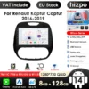 Multimeedia autoraadio CarPlay GPS Renault Captur 2016-2019 | E-pood Tootemaailm Multimeedia autoraadio CarPlay GPS Renault Captur 2016-2019, musta raami ja suure värvilise puuteekraaniga, kuvatud erinevad funktsioonid ja ühenduvuse ikoonid valgel taustal.