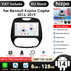 Multimeedia autoraadio CarPlay GPS Renault Captur 2016-2019 sõiduki armatuurlaual, millel on QLED-ekraan ja mitmed liidesed nagu Bluetooth ja USB, musta raamiga ja selge ekraanikuvaga kui digitaalne näidik, navigeerimis- ja muusikarakendused avatud.