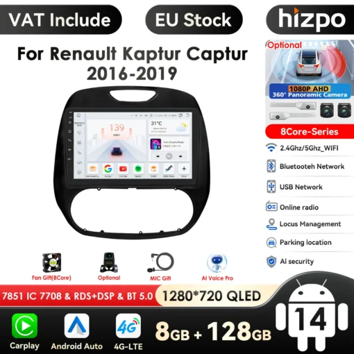 Multimeedia autoraadio CarPlay GPS Renault Captur 2016-2019 | E-pood Tootemaailm Multimeedia autoraadio CarPlay GPS Renault Captur 2016-2019, musta raami ja suure värvilise puuteekraaniga, kuvatud erinevad funktsioonid ja ühenduvuse ikoonid valgel taustal.
