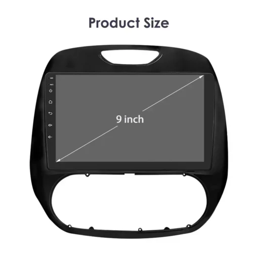 Multimeedia autoraadio CarPlay GPS Renault Captur 2016-2019 | E-pood Tootemaailm Multimeedia autoraadio CarPlay GPS Renault Captur 2016-2019, must raam ja 9-tolline ekraan tootemõõduga, hall taust.
