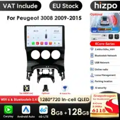 Android automakk GPS Peugeot 3008 (2009-2015) koos 1280x720 QLED ekraaniga, musta värvi esipaneel ning funktsioonid nagu Bluetooth, WiFi, ja USB. Ekraanil on erinevad ikoonid ja kellaaeg.