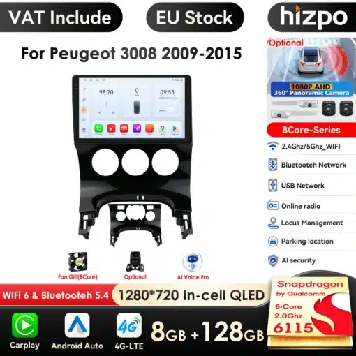 Android automakk GPS Peugeot 3008 (2009-2015) koos 1280x720 QLED ekraaniga, musta värvi esipaneel ning funktsioonid nagu Bluetooth, WiFi, ja USB. Ekraanil on erinevad ikoonid ja kellaaeg.