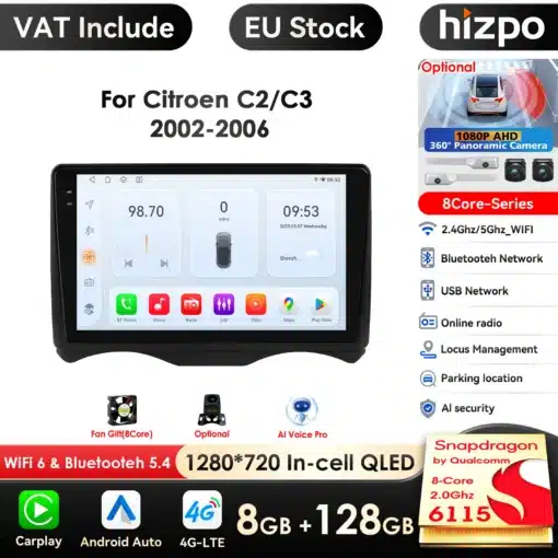 Multimeediakeskus Citroen C2 2002 - 2006 Citroen C3 | E-pood Tootemaailm Multimeediakeskus Citroen C2 2002 - 2006 Citroen C3 ekraanil, kuvamas kasutajaliidest, mis sisaldab muusikat, navigeerimist ja telefoniühendust. Seade toetab Bluetoothi, WiFi-d ja omab kvaliteetset QLED ekraani. Taustal näha reklaambännereid, mis rõhutavad EU laoseisu.