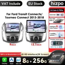 Android autoraadio Ford Transit Connecti jaoks, millel on CarPlay, GPS, 2K QLED ekraan. Pildil on kuvatud kaks eri suurusega ekraani: 9-tolline ja 13.1-tolline. Ekraanil on auto pilt ja menüüvalikud. Raadiodetailid on hõbedased ja mustad, asetatud neutraalsele taustale. Katsutavateks funktsioonideks on WiFi, Bluetooth ja AI hääljuhtimine.