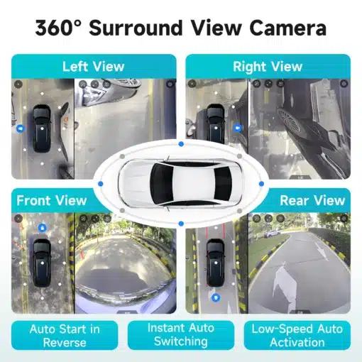 Erinevad vaated, sealhulgas vasak, parem, eesmine ja tagumine, ümbritsevad keskel asuvat valget autot, kõik kuvandatud Android autoraadio Ford Transit Connect CarPlay GPS 2K QLED ekraanile.