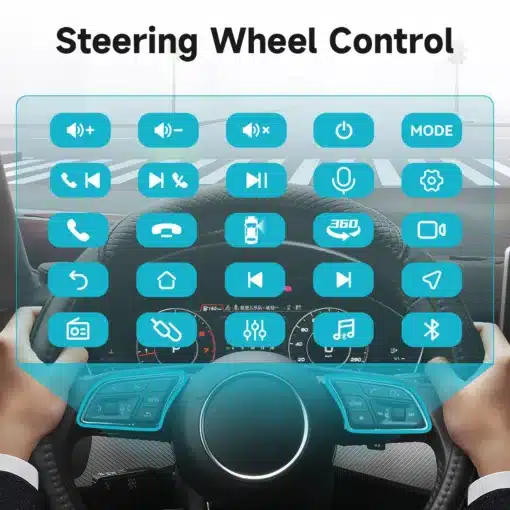 Inimene istub Ford Transit Connect rooli taga, kus on nähtavad mitmed ikoonid, sümboliseerides Android autoraadio juhtimisvõimalusi, CarPlay GPS 2K QLED ekraani kohal.