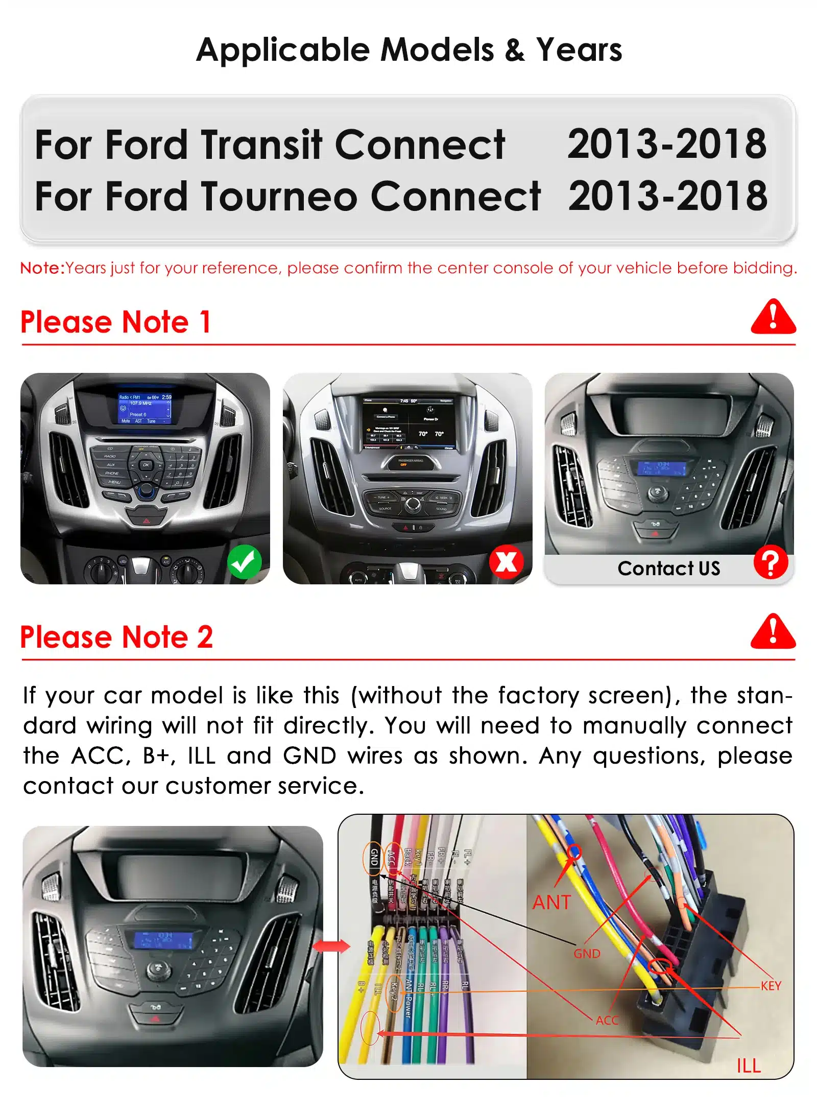 Kolm Ford Transit Connecti armatuurlauda. Vasakul Android autoraadio, keskel ja paremal erinevad tehasedisainid. All ühenduskaablid ACC, B+, ILL ja GND.