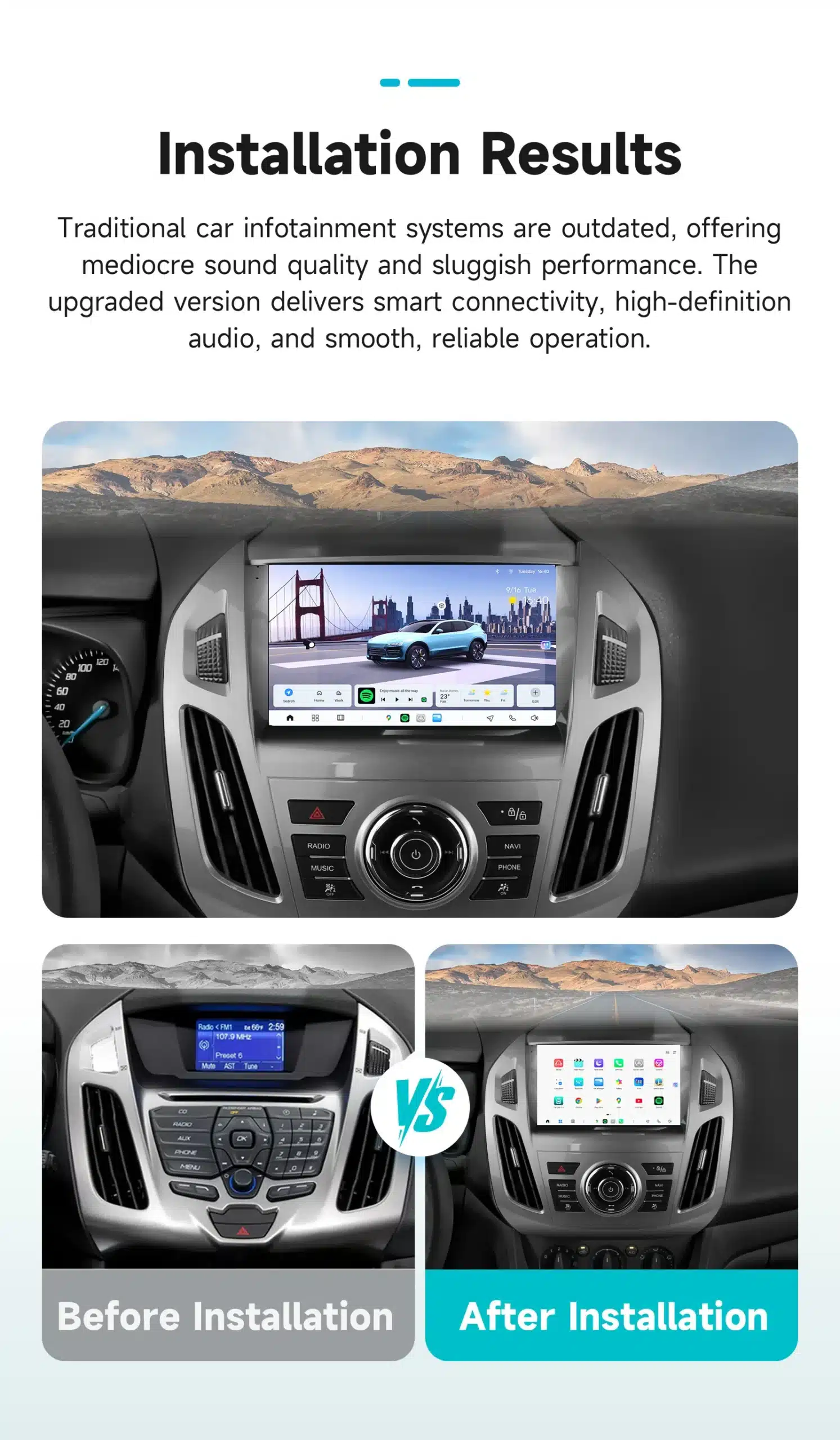 Pilt Ford Transit Connect autoruumi armatuurlauast, kuhu on paigaldatud Android autoraadio CarPlay GPS 2K QLED. Ülemisel fotol näitab ekraan kehtivat installatsiooni tulemusi ja selget mägede tausta. Alumisel fotol võrreldakse vanemat ja uut süsteemi, kus vasakus nurgas on tavaline sinine ekraan ja paremal Android autoraadio kaasaegne ekraan.