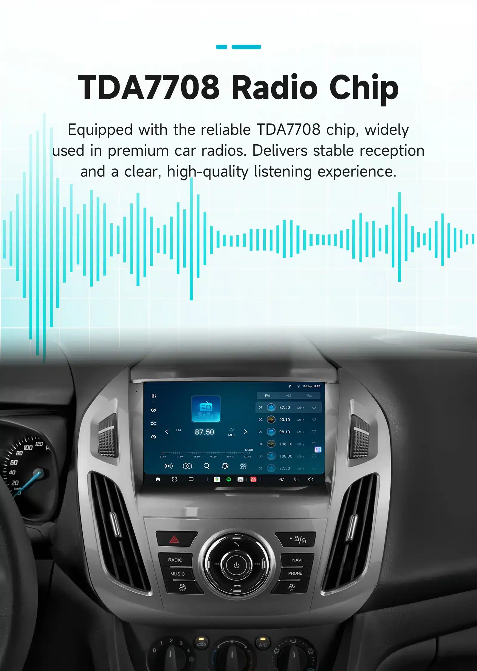 Auto armatuurlaud koos Android autoraadioga Ford Transit Connect, millel on CarPlay ja GPS funktsioonid, kuvatud elegantse 2K QLED ekraaniga, raadio kiip TDA7708 tagab kvaliteetse kuulamiskogemuse.