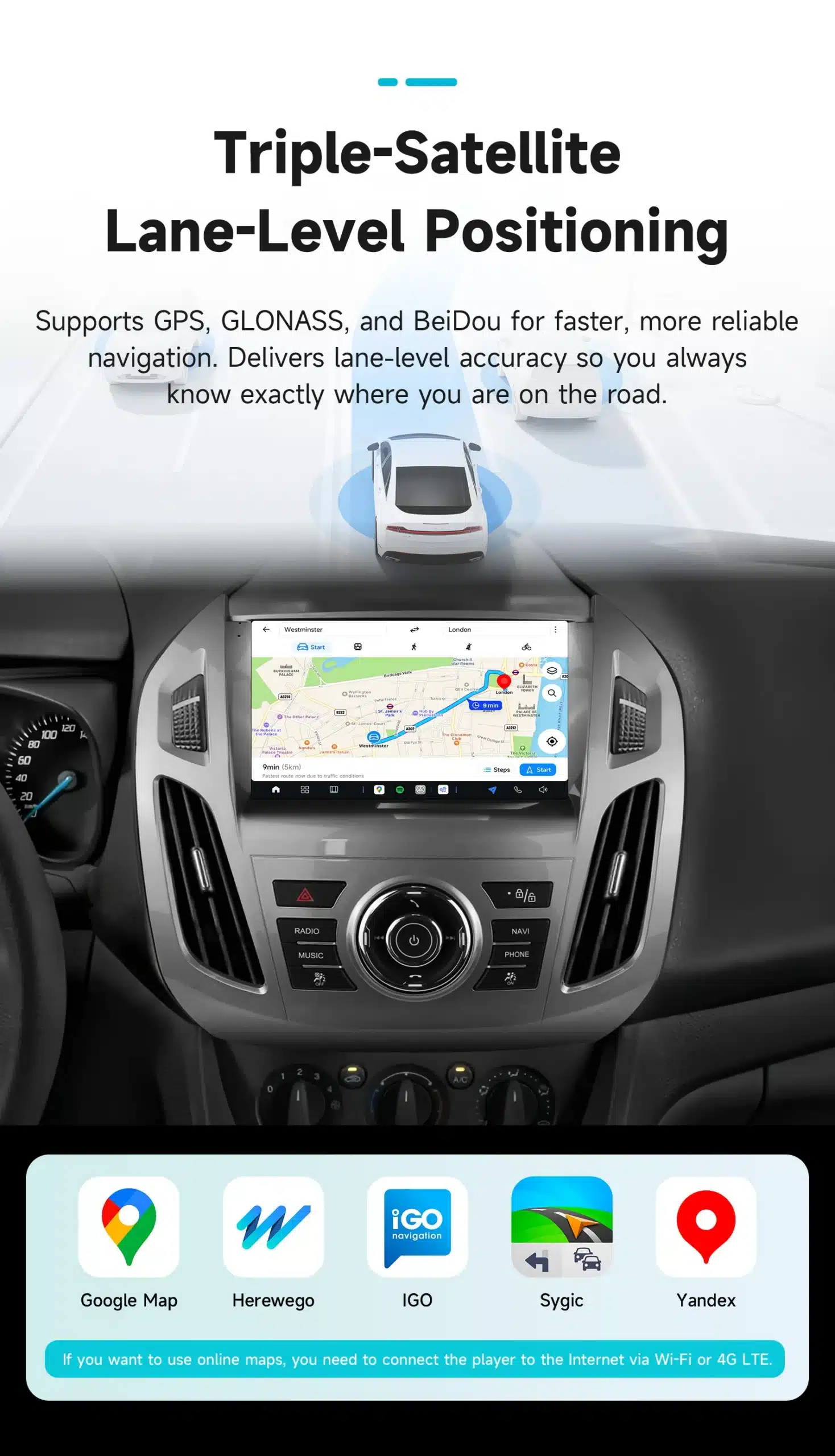 Android autoraadio Ford Transit Connect CarPlay GPS 2K QLED, kuvatuna autosalongis koos näidikute ja juhtpaneeliga. Ekraanil on navigeerimiskaart, taustal joonistus satelliit- ja radajälgimisfunktsioonist.