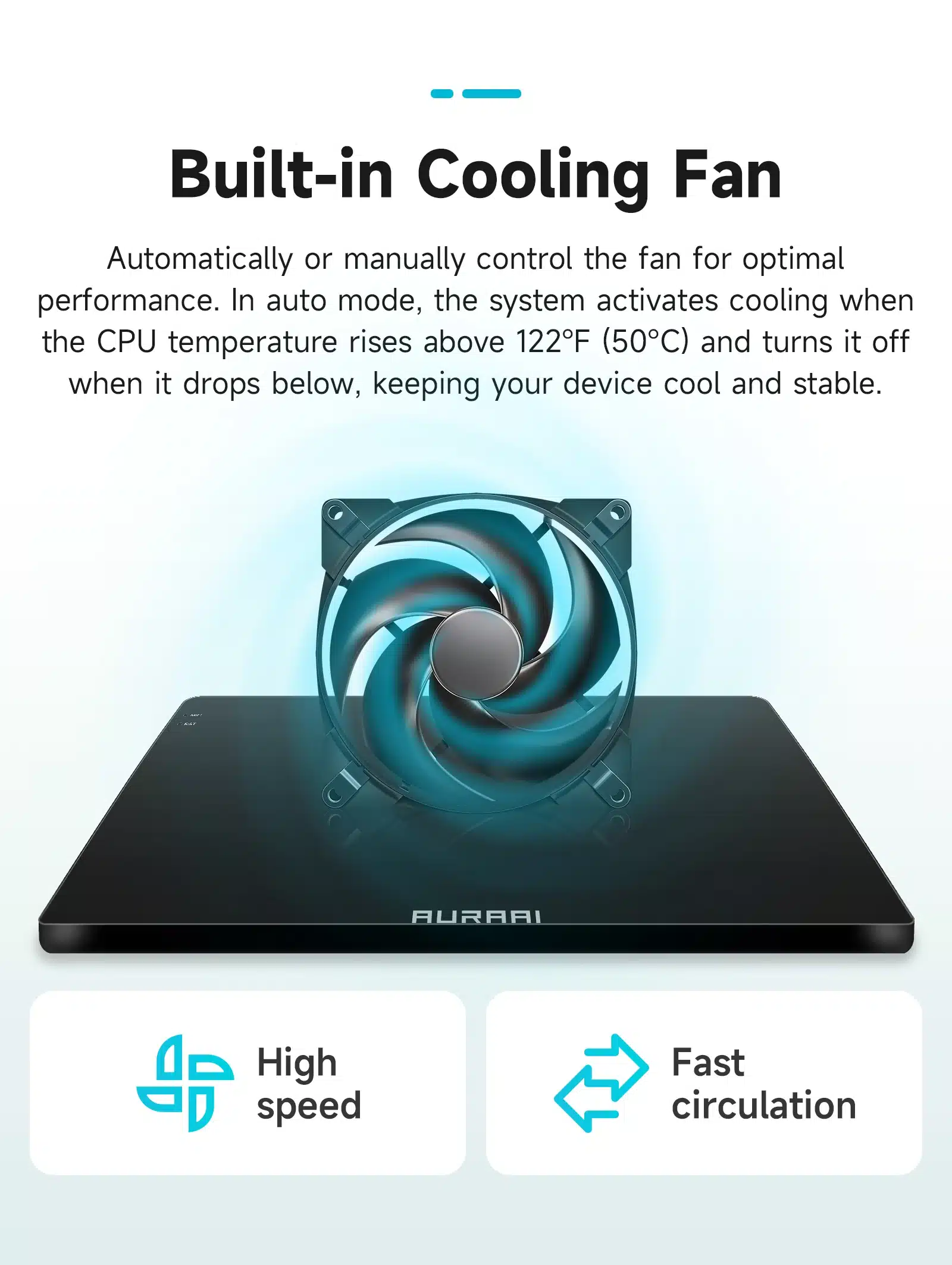 Sisseehitatud jahutusventilaator, mis on paigaldatud seadmele, mille all tekst automaatse ja käsitsi juhtimise kohta, Android autoraadio Ford Transit Connect CarPlay GPS 2K QLED mudeli protsessori jahutamiseks.