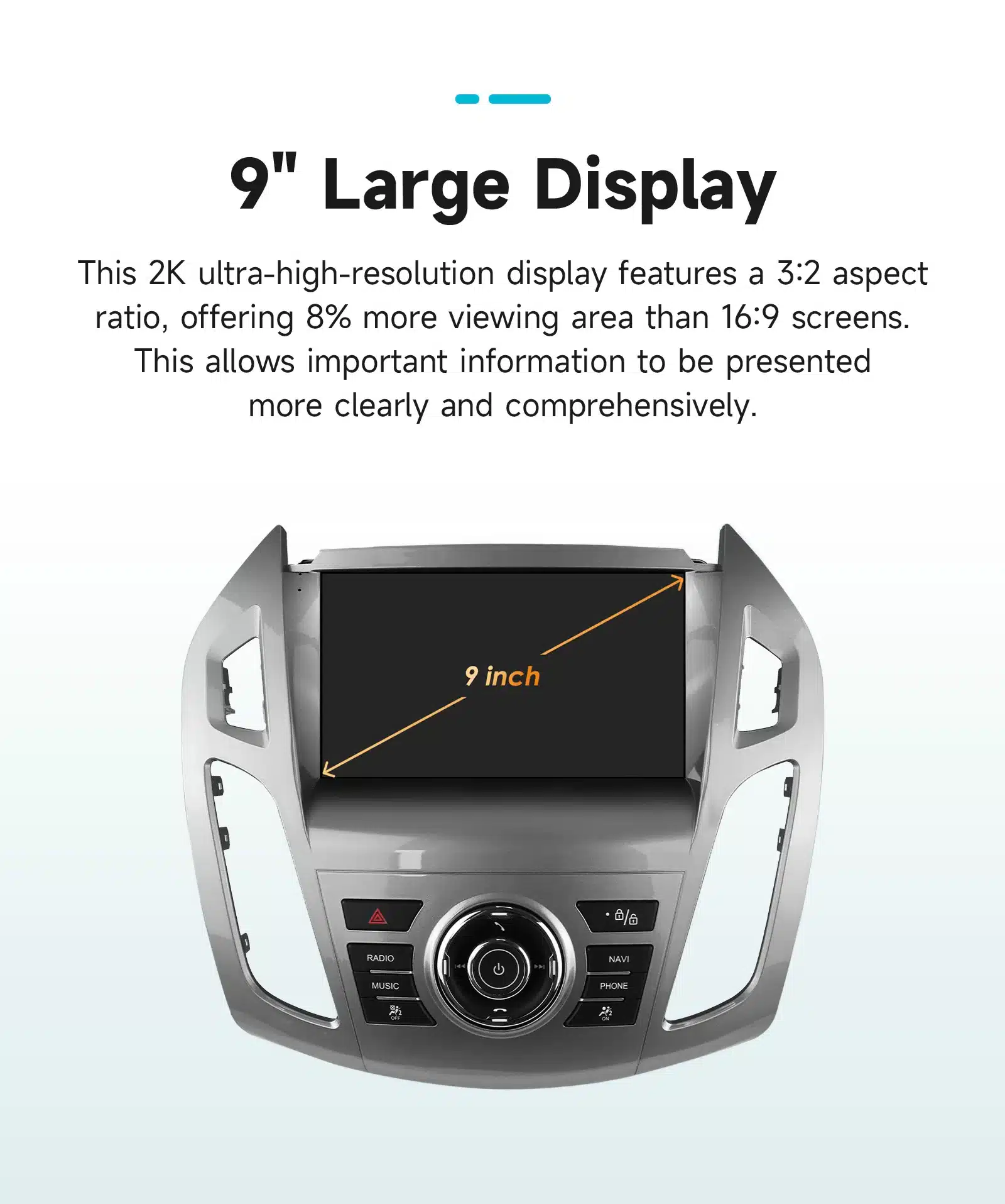 Android autoraadio Ford Transit Connect CarPlay GPS 2K QLED koos 9-tollise ultra-kõrge eraldusvõimega ekraaniga, mis on paigaldatud halli taustapaneeliga armatuurlauale.