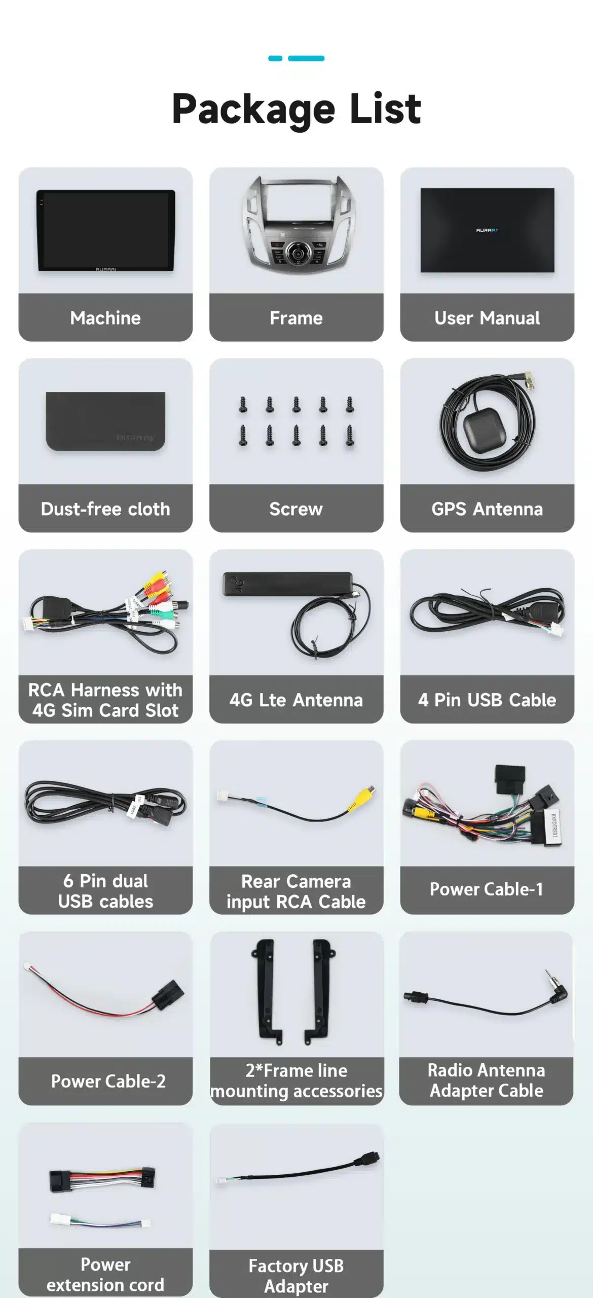Android autoraadio Ford Transit Connect CarPlay GPS 2K QLED pakendi sisu, mis sisaldab raami, kasutusjuhendit, tolmuvaba lappi, GPS antenni, erinevaid kaableid ja kruvisid, kõik korralikult paigutatud valgel taustal.