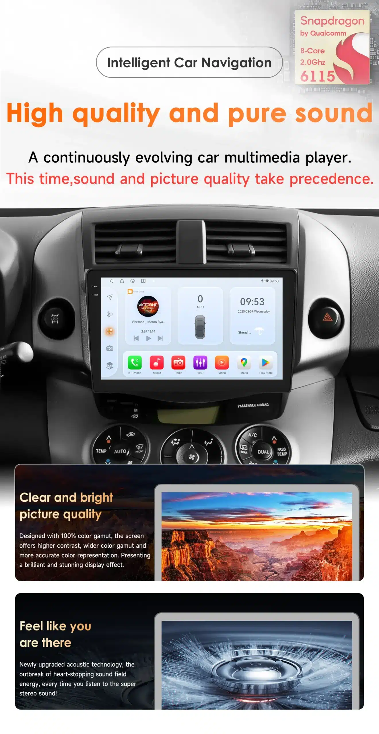 Android automakk Toyota RAV4 multimeedia elegantse ekraani ja kasutajaliidesega, auto armatuurlauda paigaldatud. Seadmel näidatakse erinevaid rakendusi ja funktsioone, pehme halli taustaga.