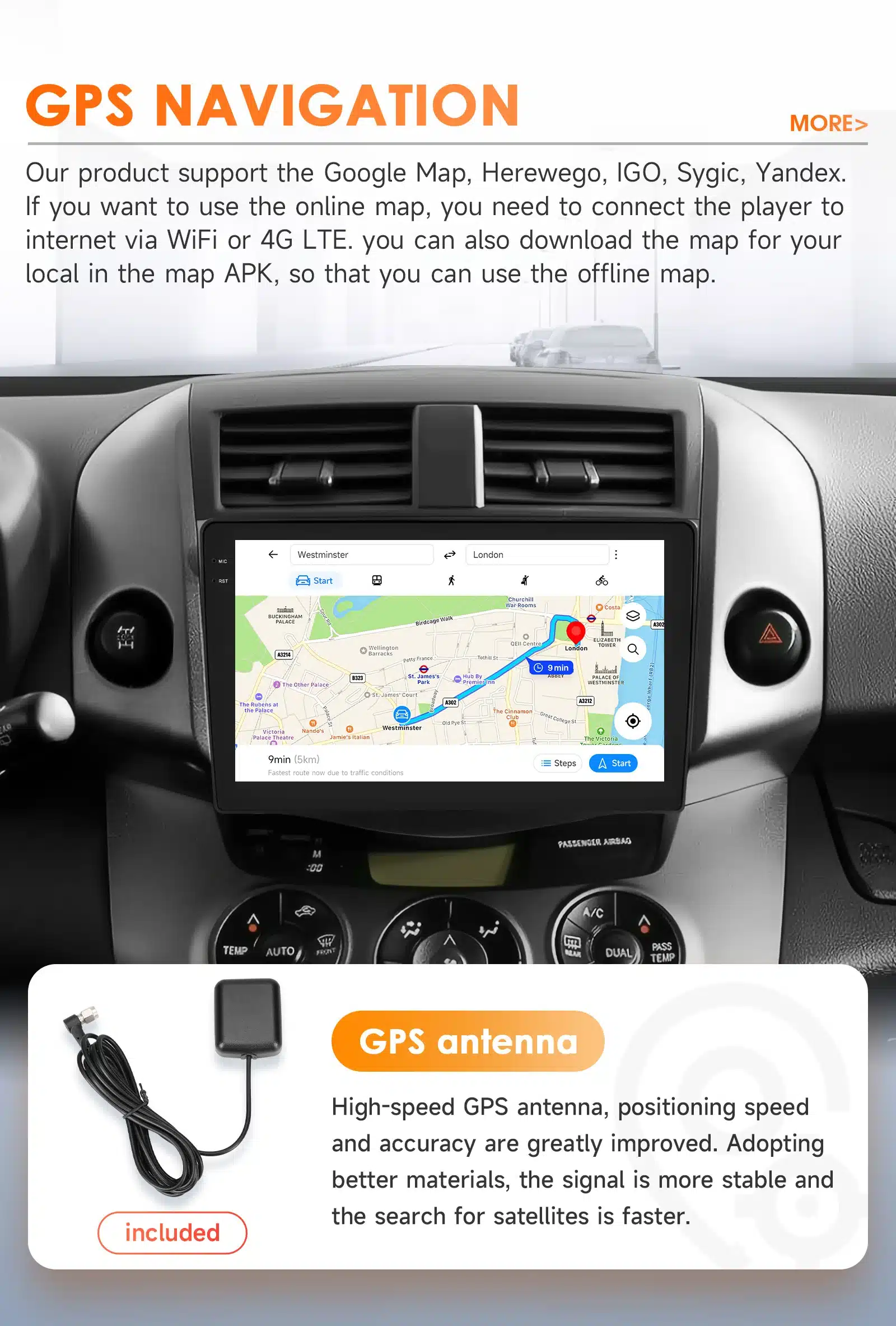 Toyota RAV4 sõiduki sisemus koos Android automakiga, mis kuvab GPS navigatsiooni ekraanil. Kaasas on ka musta värvi GPS antenn pika kaabliga. Ekraanil kuvatav kaart on värviline ning detailne.