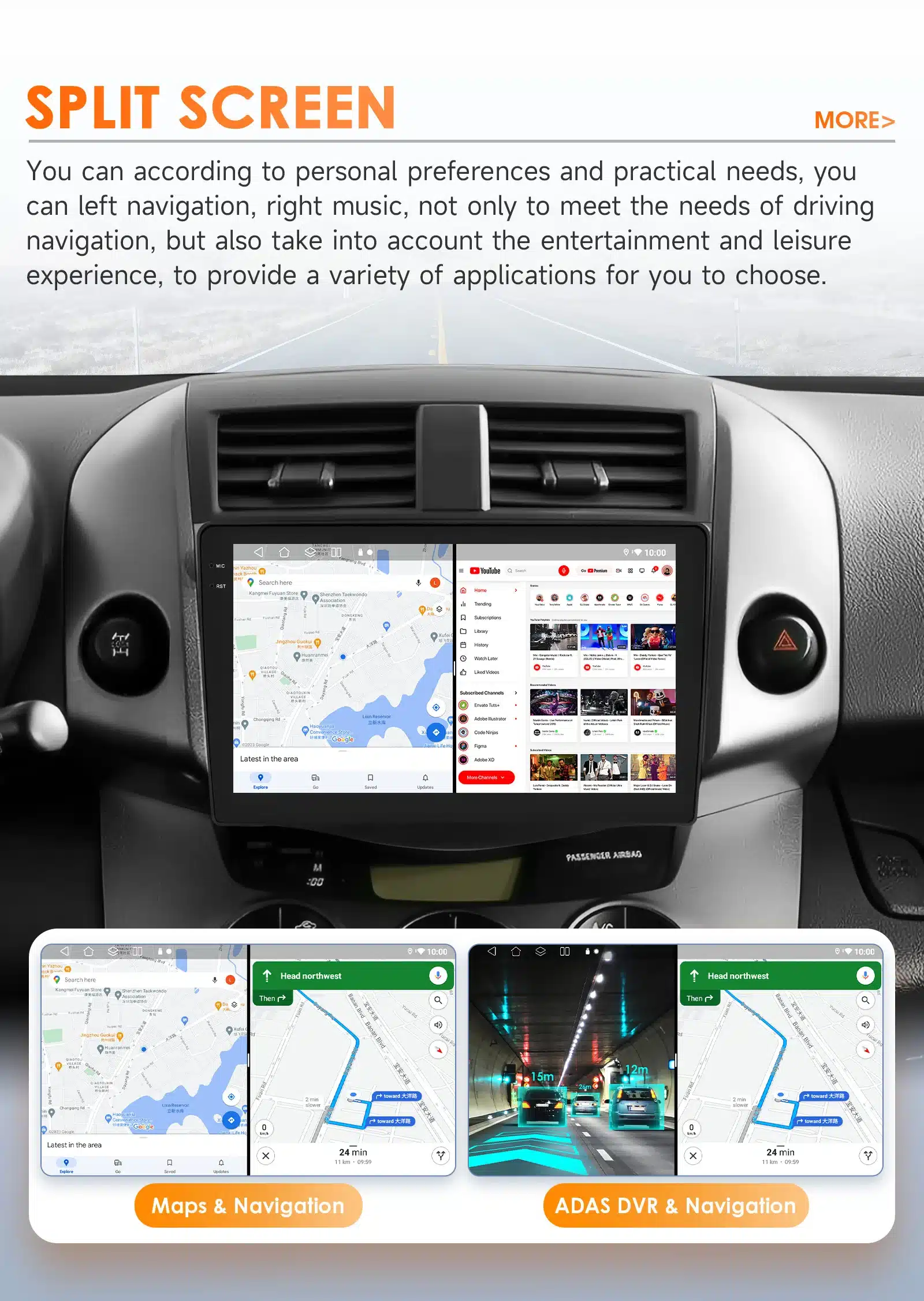 Must Android automakk Toyota RAV4 multimeedia süsteem, millel on jagatud ekraan navigeerimise ja muusika jaoks. Armatuurlauale paigaldatud seade, mille ekraanil on kaardirakendus ja YouTube esiletõstetud.