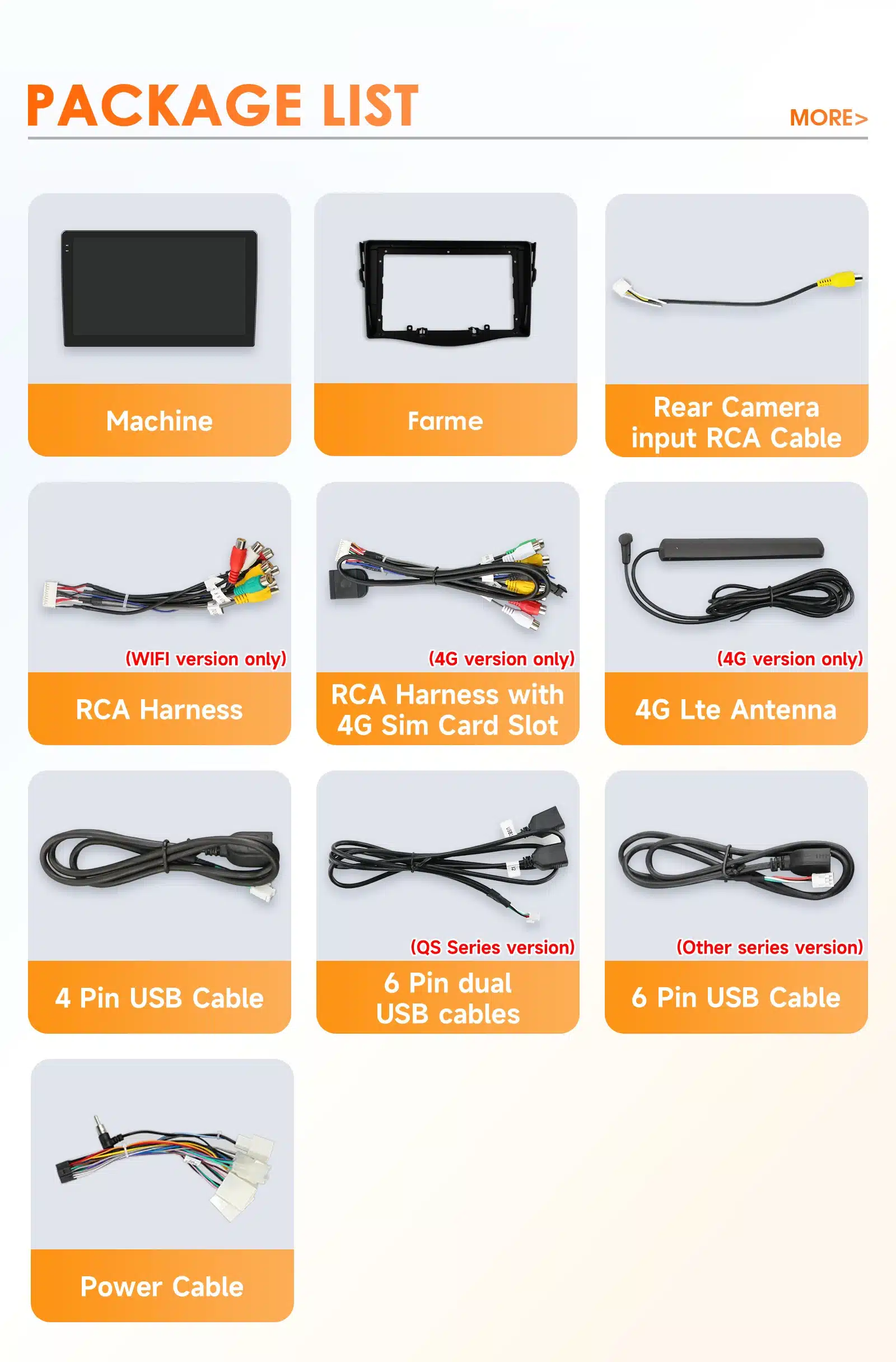 Android automakk Toyota RAV4 multimeedia paketis, mis sisaldab erinevaid ühenduskaableid, nagu RCA kaabel tagakaamerale, RCA rakmed, 4G LTE antenn ning mitmesugused USB juhtmed hallil taustal.