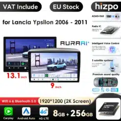 Android Auto ja CarPlay autoraadio Lancia Ypsilonile, näidatud koos kahe ekraani suurusega – 13.1 tolli ja 9 tolli. Ekraanidel kuvatud auto sinise taustaga. Ekraani kõrval lisainformatsioon toote funktsioonide kohta.