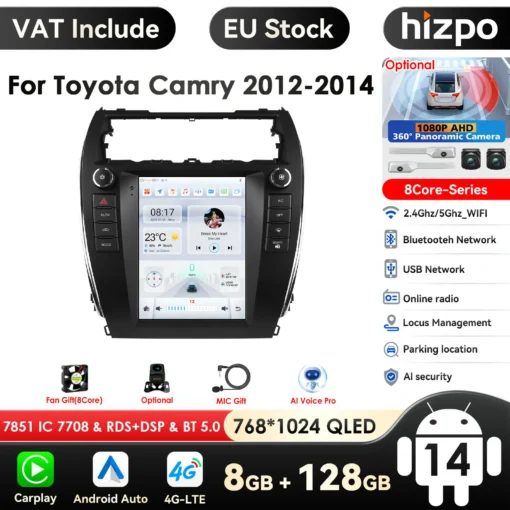 Android multimeedia autoraadiod Toyota Camry 2012-2014 | E-pood Tootemaailm Android multimeedia autoraadio Toyota Camry 2012-2014 mudelile, mis kuvab puuteekraani koos mitmete funktsioonidega, nagu Bluetooth, USB, Wi-Fi ja 360-kraadine panoraamkaamera. Seade on musta värvi ja tahveldisainiga, sobides ideaalselt auto esikonsolisse.
