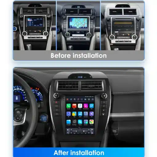 Android multimeedia autoraadiod Toyota Camry 2012-2014 | E-pood Tootemaailm Toyota Camry 2012-2014 armatuurlaua pilt Android multimeedia autoraadioga, kuvatud ekraanil navigeerimiskaart ja muude rakenduste ikoonid. Võrdlus enne ja pärast paigaldust, kus alt on näha modernne ja intuitiivne kasutajaliides. Taust on salongi keskosa hallidega aktsentidega.