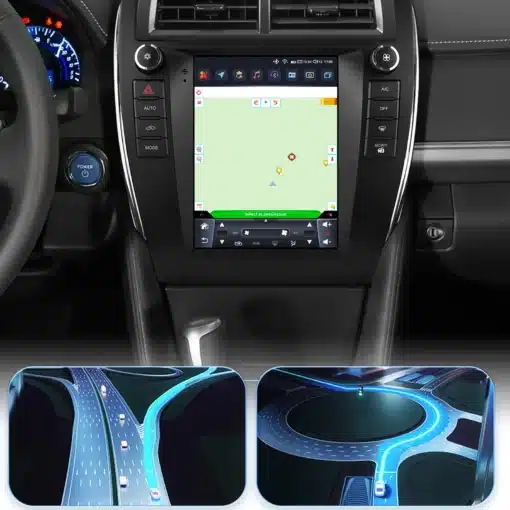 Android multimeedia autoraadiod Toyota Camry 2012-2014 | E-pood Tootemaailm Toyota Camry 2012-2014 multimeedia autoraadio, millel on suur puutetundlik ekraan ja GPS navigatsioon, ümbritsetud elegantse armatuurlaua taustaga.