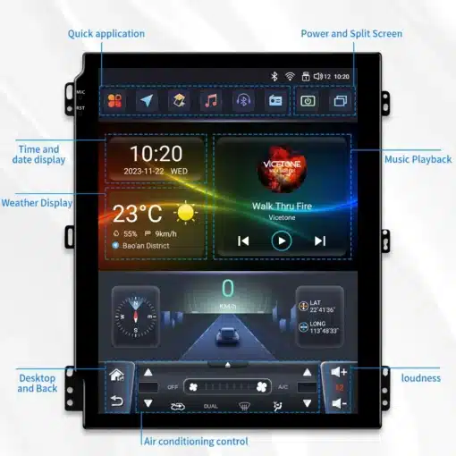 Multimeedia autoradio Dodge Durango 2014-2020, GPS ja CarPlay ekraan kuvab ilmateateid, kellaaega, ja muusika taasesitust mustal taustal.