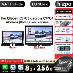 Kaks multimeedia automakki, 9-tolline ja 13.1-tolline, Citroen C3 ja C4-le. Ekraaniga automakid näitavad autot sildade ees. Taustal on selge, erksalt valgustatud linnamaastik.
