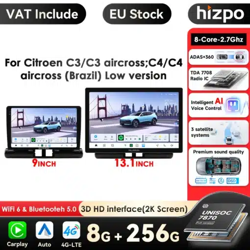 Citroen C3/C4 multimeedia automakid 9-tolline ja 13.1-tolline ekraaniga, sisaldavad kaasaegset tehnoloogiat nagu WiFi 6, Bluetooth 5.0 ja 8-tuumaline protsessor. Ekraanil on auto pilt Golden Gate'i silla taustal.