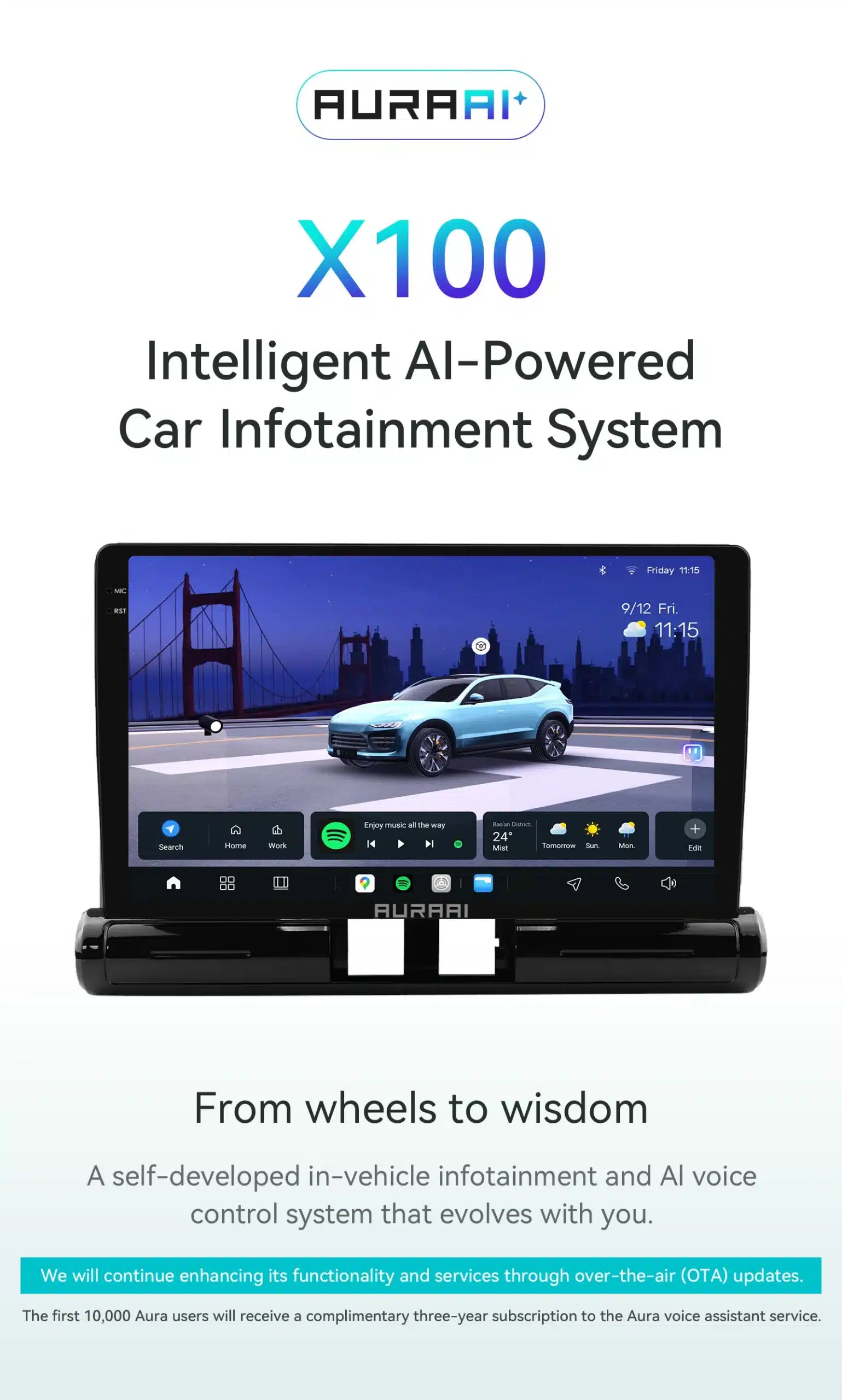 Multimeedia automakk Citroen C3/C4-le, kuvamas graafilist auto ekraani öise taustaga. Ekraanil on Spotify rakendus, ilmateade ja muud juhtimisteenused. Taustal on sild ja linna siluett.