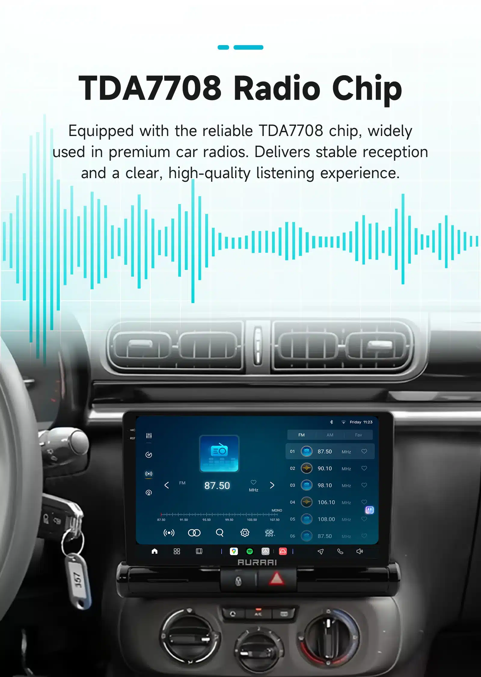 Multimeedia automakid Citroen C3/C4-le, kuvatuna auto sees armatuurlaual. Selge digitaalne ekraan koos raadio funktsioonidega ja helitugevuse reguleerimise nuppudega.