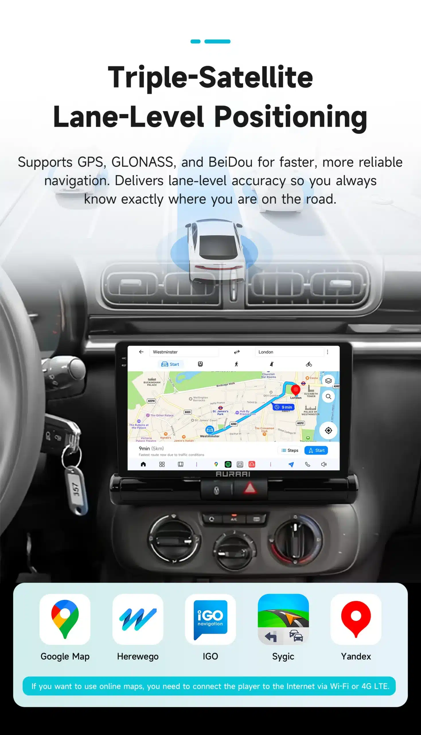 Multimeedia automakk paigaldatud Citroen C3/C4-sse, näitab navigeerimisrakendust ja autosseinte detailid, esiplaanil erinevad kaardirakenduste ikoonid.