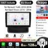 Android autoraadio Renault Trafic Opel Vivaro, must ekraan ja juhtnupud ning funktsioonide loetelu. Ekraan näitab kasutajaliidest erinevate rakenduste ikoonidega heledal taustal. Toodete jaemüük käib kaasasoleva QLED ekraaniga. Sobib 2010-2014 mudelitele.