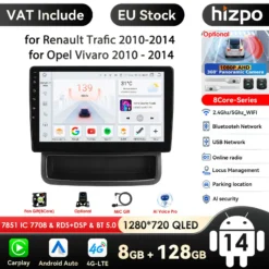 Android autoraadio Renault Trafic ja Opel Vivaro jaoks on suures plaanis, sellel on must korpus ja selge puutetundlik ekraan, kuvatud rakendustega nagu Google ja Spotify. Ekraanil kuvatakse sõidukiirust ja temperatuuri. Taust on neutraalne, fookus on tootel ja selle multifunktsionaalsetel omadustel.