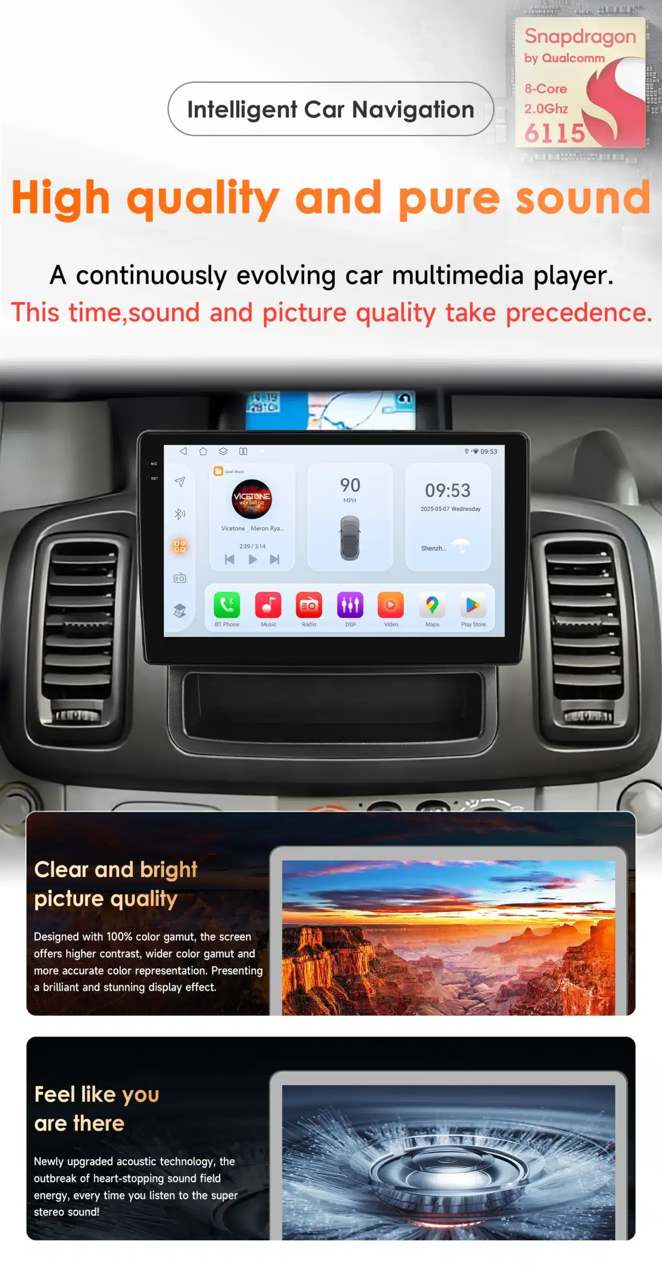Android autoraadio Renault Trafic Opel Vivaro, paigaldatud armatuurlauale. Ekraan kuvab navigatsiooni ja muusikarakendust, ümberringi halli tooni interjöör. Kuva paremas nurgas märk Qualcomm Snapdragon kiibistikust. All pool kaks lisapilti, mis toovad esile värviküllase kuva ja helisüsteemi detailid.