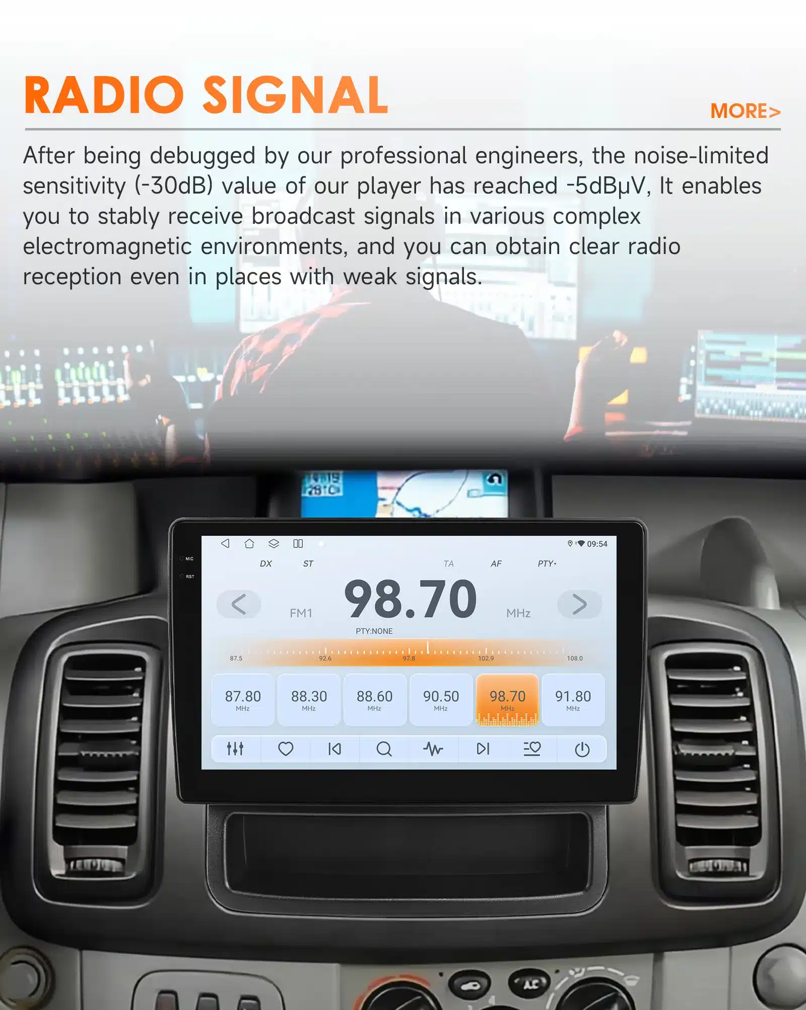 Dashboard of a Renault Trafic or Opel Vivaro featuring an Android autoraadio with a digital display showing a radio frequency of 98.70 MHz, surrounded by air vents and vehicle controls.