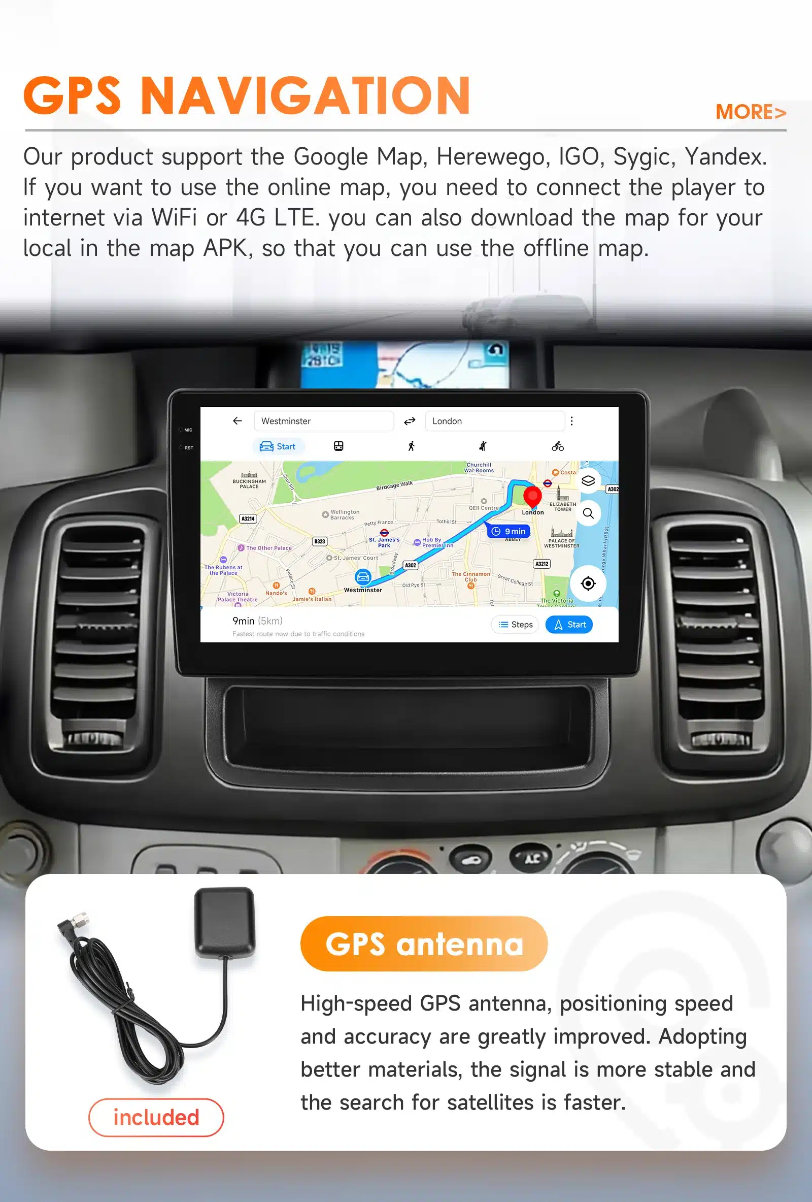 Autoraadio Android süsteemiga Renault Trafic ja Opel Vivaro sõiduki armatuurlaual, ekraanil kuvatud kaardi GPS navigatsioonirakendus. Seinal tekst GPS Navigation funktsioonidest ja kaasasolev antenn lisatud.