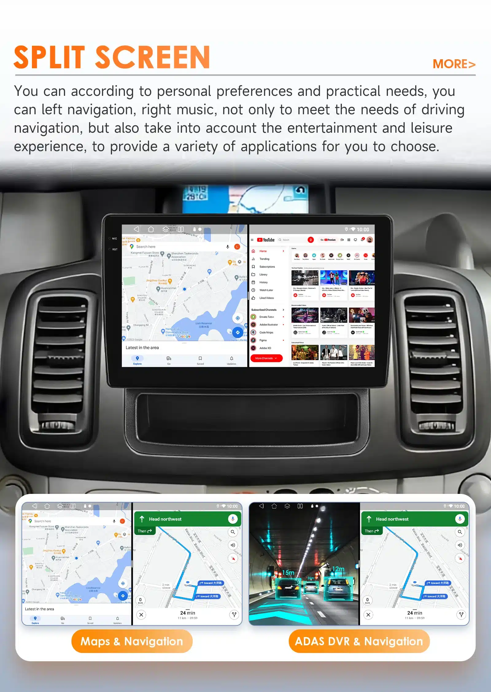 Android autoraadio Renault Trafic Opel Vivaro, mis kuvab jagatud ekraanil kaardirakendust ja meelelahutuserakendust. Autoraadio asub armatuurlaual, musta raamiga ekraanil on näha sinised ja oranžid ikoonid valgel taustal.