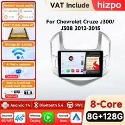 Multimeedia autoraadio Chevrolet Cruze jaoks, ekraanil CarPlay, GPS ja WiFi ikoonid heleda tausta ees. Toote kõrval kuvatud funktsioonide loend, sealhulgas 8-tuumaline protsessor ja Bluetooth 5.4 tugi.