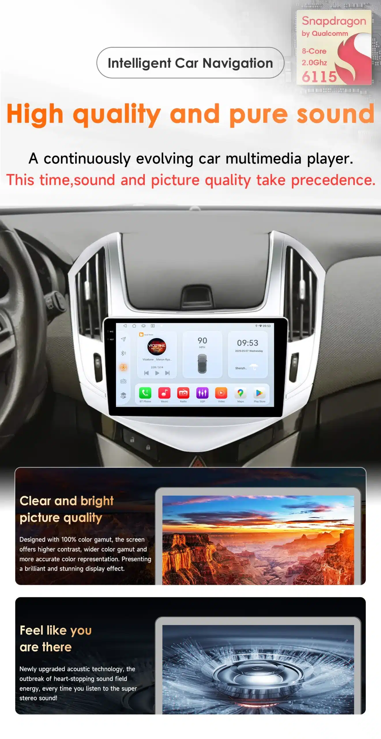 Keskne pilt Chevrolet Cruze'is paigaldatud multimeedia autoraadiost, mis toetab CarPlay'd, GPS'i, 4G ja WiFi ühenduvust, näidates värvilist ja intuitiivset puuteekraani navigatsioonifunktsioonidega. Taustal on näha autosisustuse detailid ja armatuurlaud.