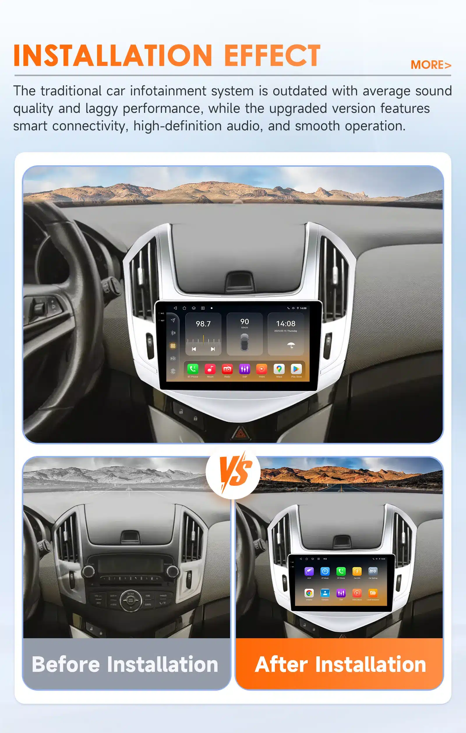 Võrdlus Chevrolet Cruze armatuurlaual enne ja pärast multimeedia autoraadio paigaldust. Uus süsteem näitab kaasaegset CarPlay liidest, GPS, 4G ja WiFi funktsioone.
