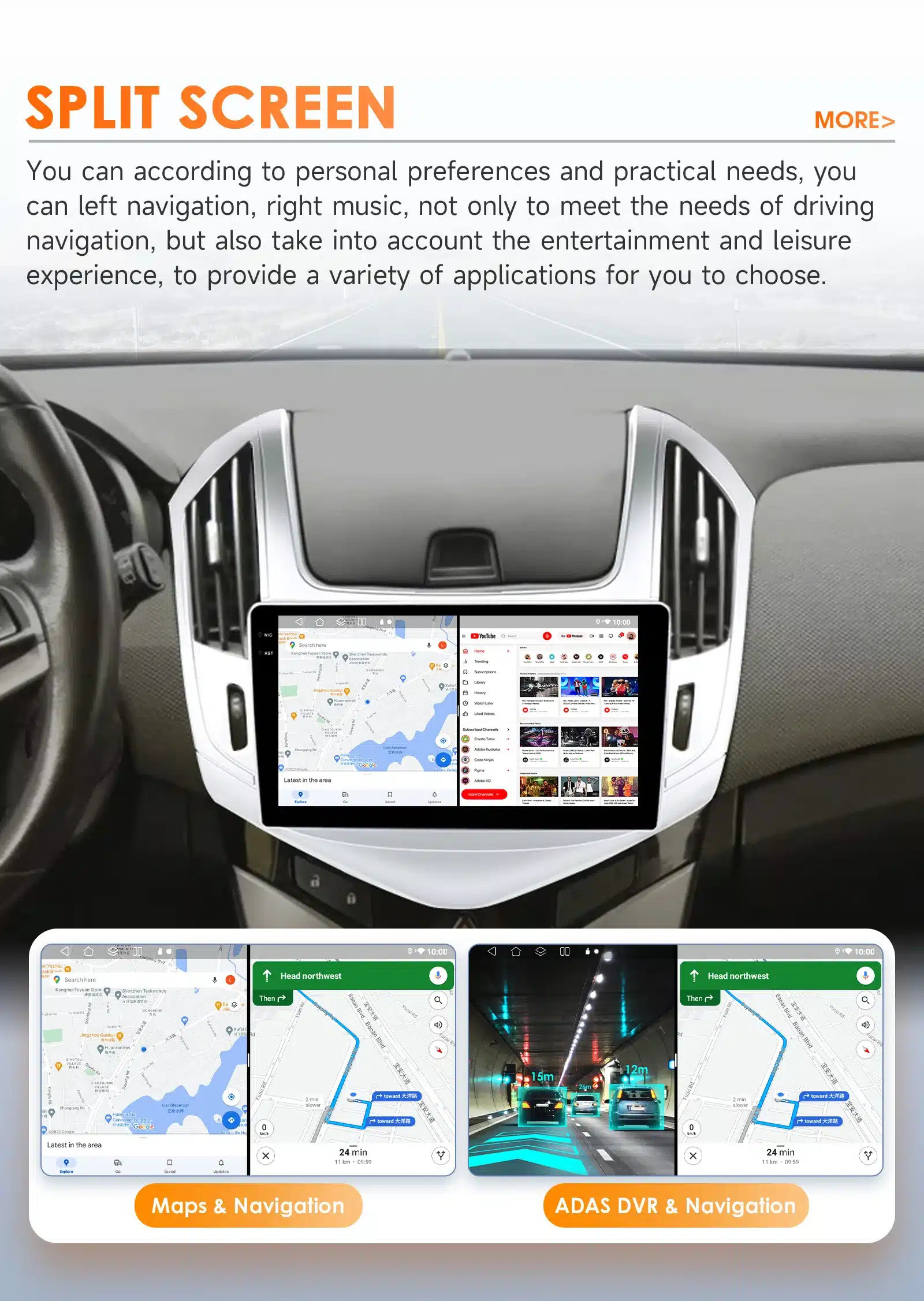 Multimeedia autoraadio Chevrolet Cruze autosse, näidates jaotatud ekraanil GPS-kaarti ja muusikarakendust. Armatuurlaud on minimalistlik ja stiilne, sobitudes ideaalselt sõiduki sisekujundusega.